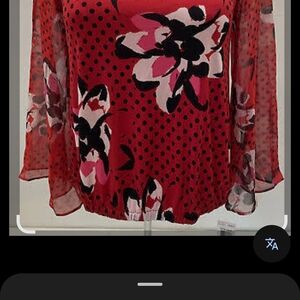 Style & Company Floral Red and Black Polka Dot Women's Blouse Petite Sheer Sleev